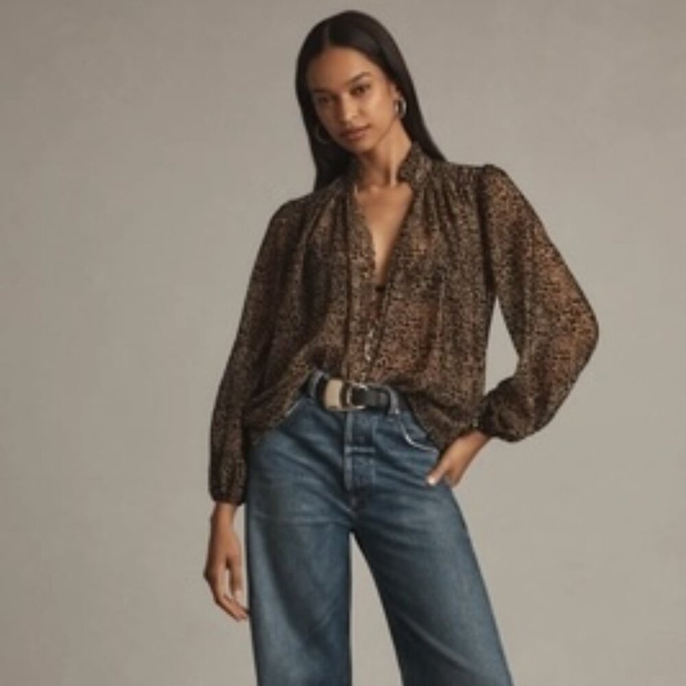 ANTHROPOLOGE Estela Burnout Printed Blouse Leopard Print